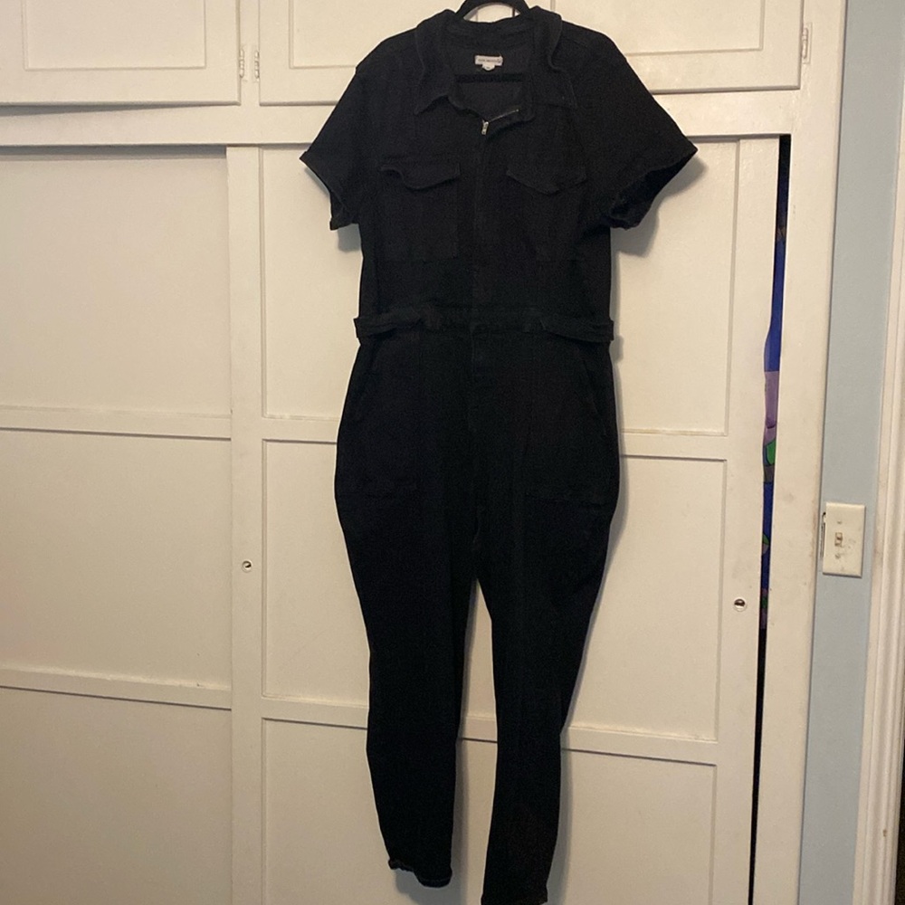 Plus Sz Short Sleeve Point Collar Straight Leg Stretch Denim Jumpsuit